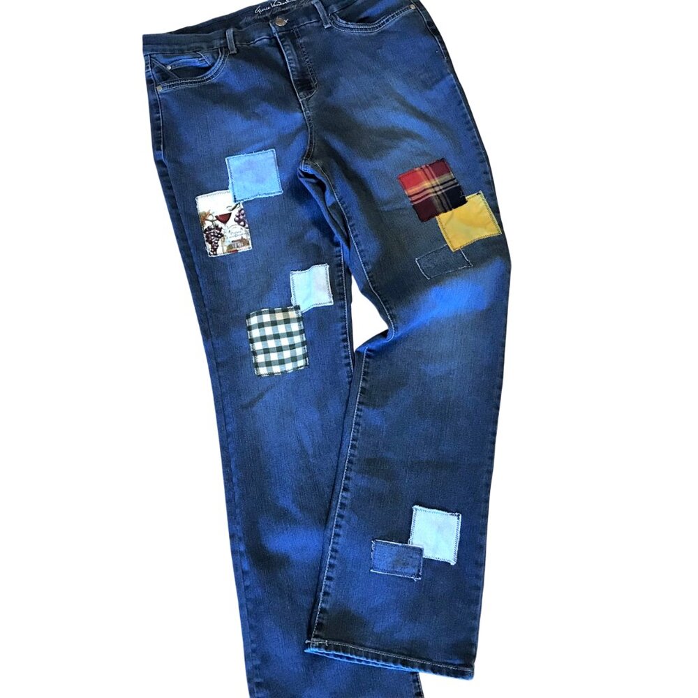 Upcycled Patchwork Jeans, Handmade Wine Theme Patches Hippie Pants Size 12